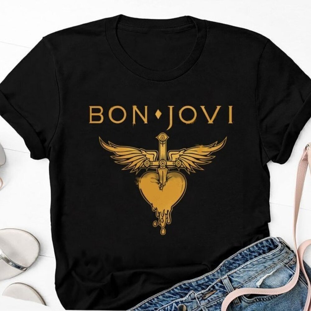 Bon Jovi T-Shirt 90s Vintage Logo Rock Band Music Fan Graphic Retro .